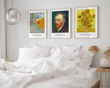 Set aus 3 Postern: Klassiker von Vincent van Gogh - Sonnenblumen, Selbstportrait & das Schlafzimmer