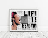 Banksy - Life is beautiful Frau mit Rose im Haar mit Schriftzug