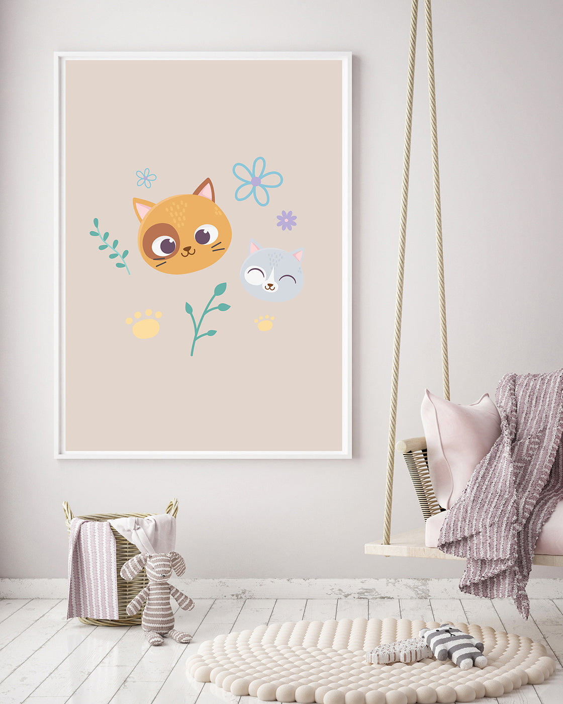 Katzen im Blumenfeld, Kunst für Zuhause, Süße Illustration, Zeichnung für Kinder