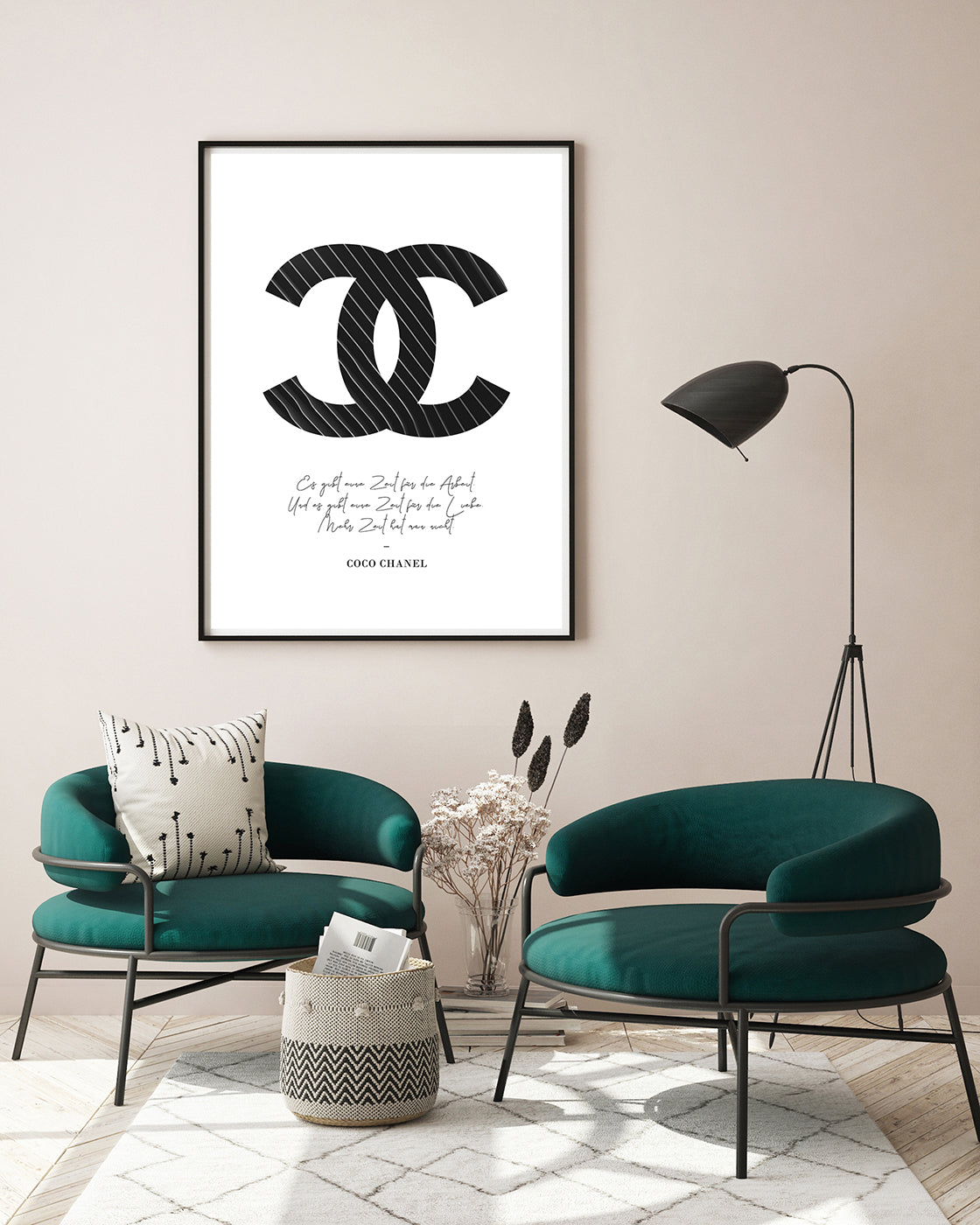 Zitat von Coco Chanel - Mode-Ikone - Schwarz mit Nadelstreifen