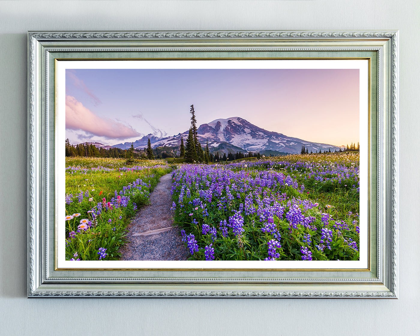 Blumenwiese in Bergsee-Landschaft