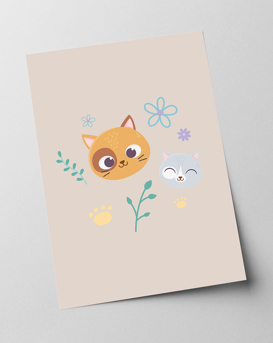 Katzen im Blumenfeld, Kunst für Zuhause, Süße Illustration, Zeichnung für Kinder