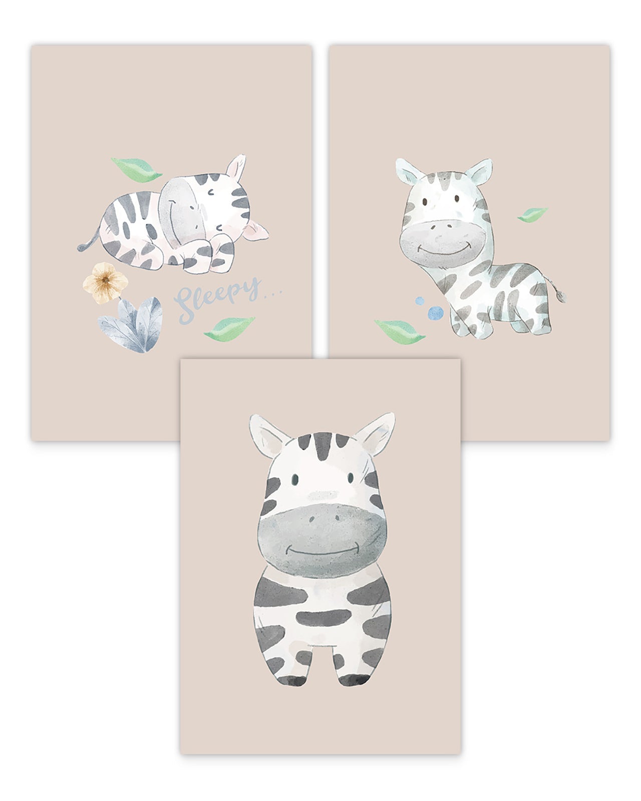 Poster-Set "Süße Zebras - Sleppy" auf braunem Hintergrund