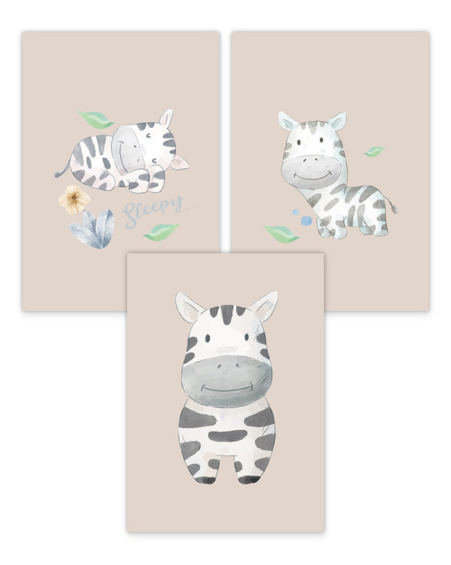 Poster-Set "Süße Zebras - Sleppy" auf braunem Hintergrund Hover Image