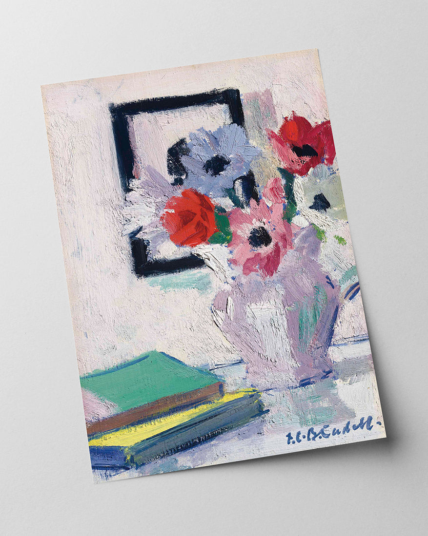 Francis Campbell - Stillleben - Anemonen in der Vase mit grünem Buch