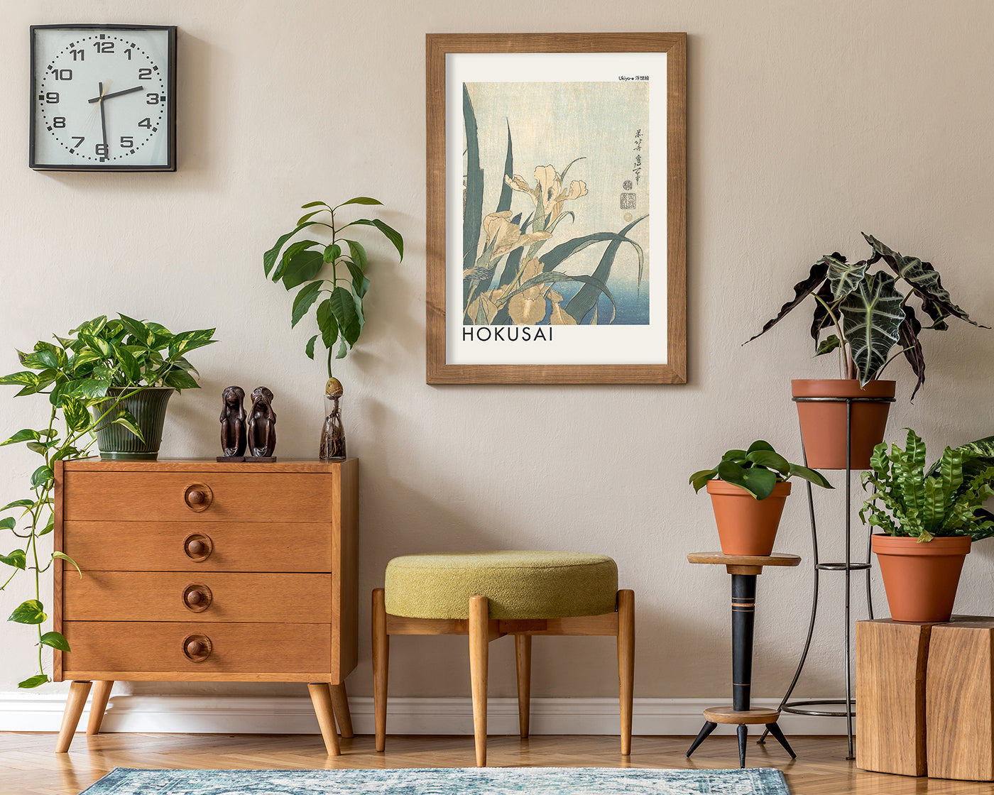 Katsushika Hokusai - Museum-Poster I Grashüpfer und Iris (Gelbe Blumen)