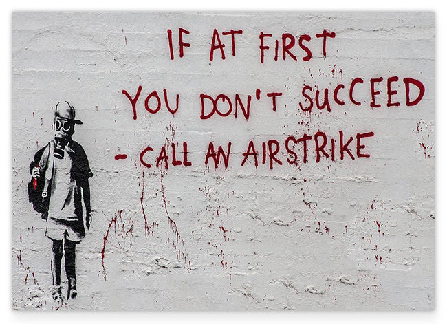 Banksy - Call an Airstrike Junge mit Gasmaske Graffiti Street Art Hover Image