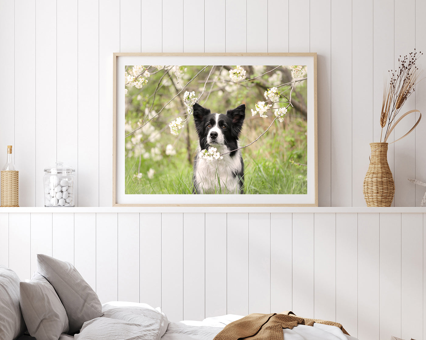 Süßer Hund in Blütenlandschaft