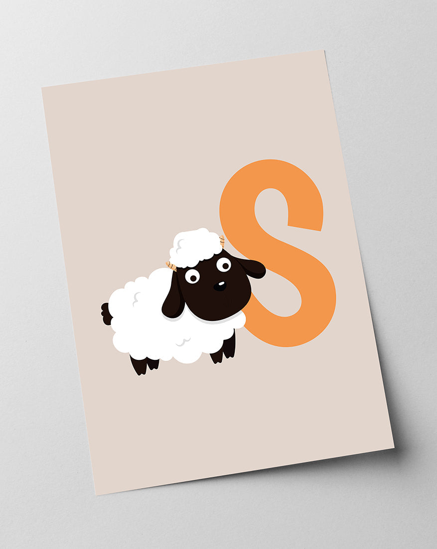 S wie Schaf, ABC Lernen, Buchstabe für Name, Süße Zeichnung, Deko für Zuhause