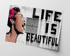 Banksy - Life is beautiful Frau mit Rose im Haar mit Schriftzug