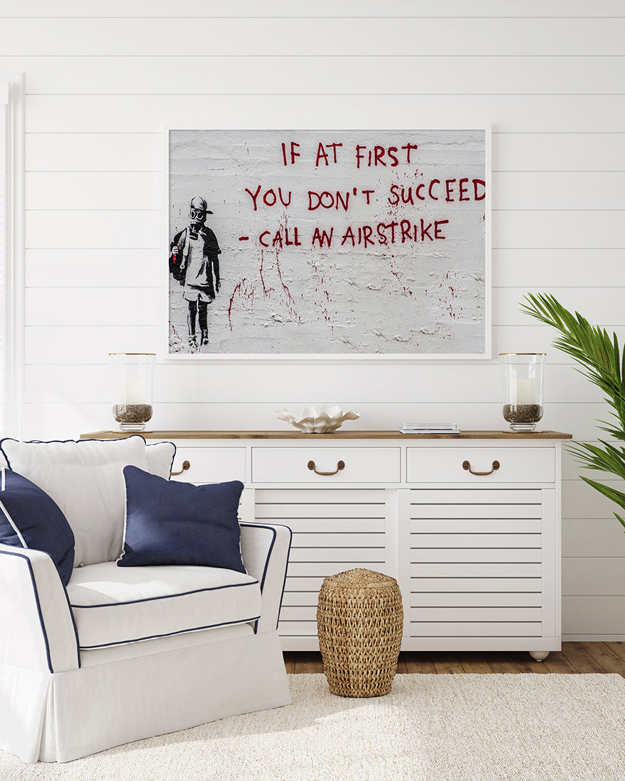 Banksy - Call an Airstrike Junge mit Gasmaske Graffiti Street Art