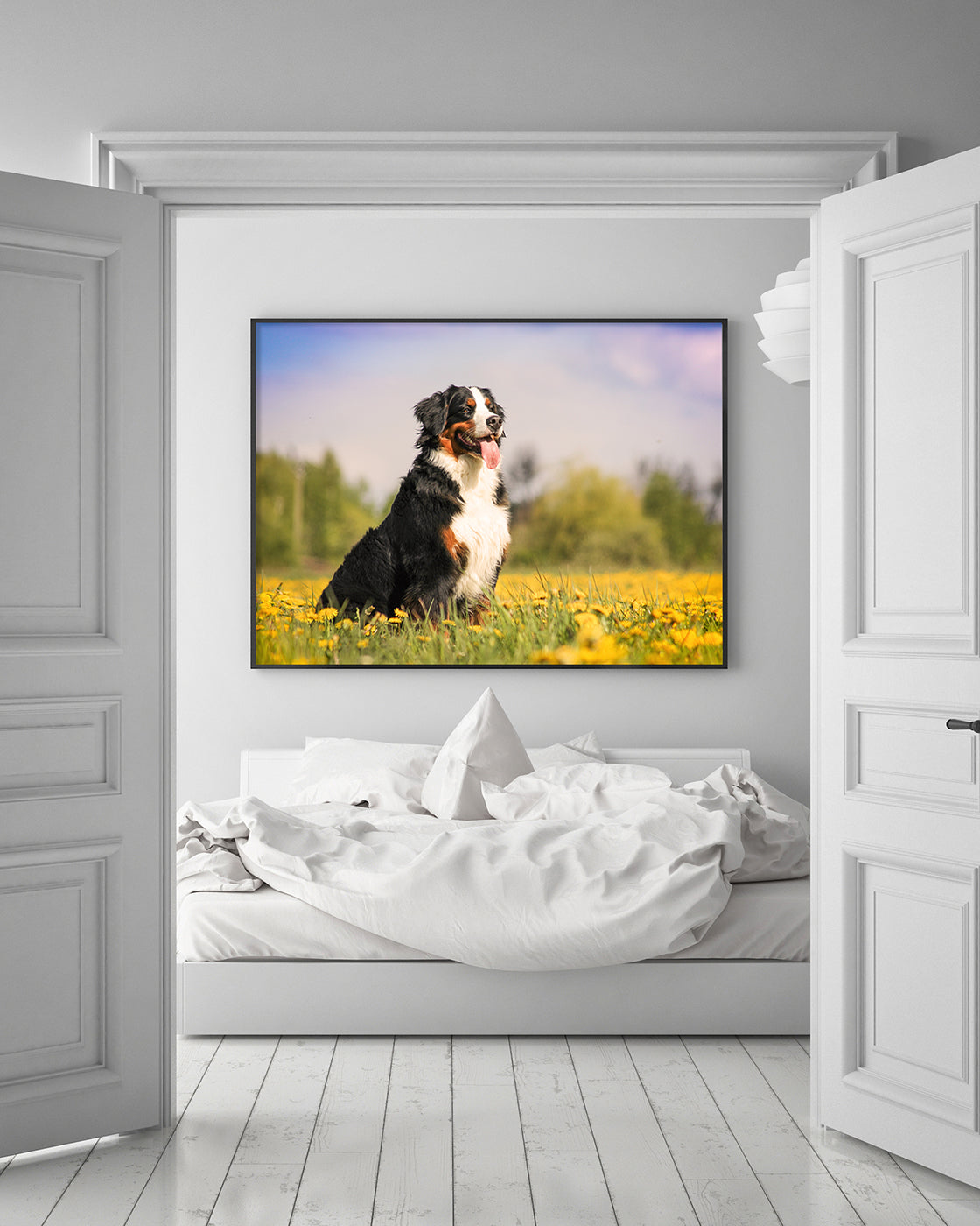 Bernersennen-Hund in Blumenwiese