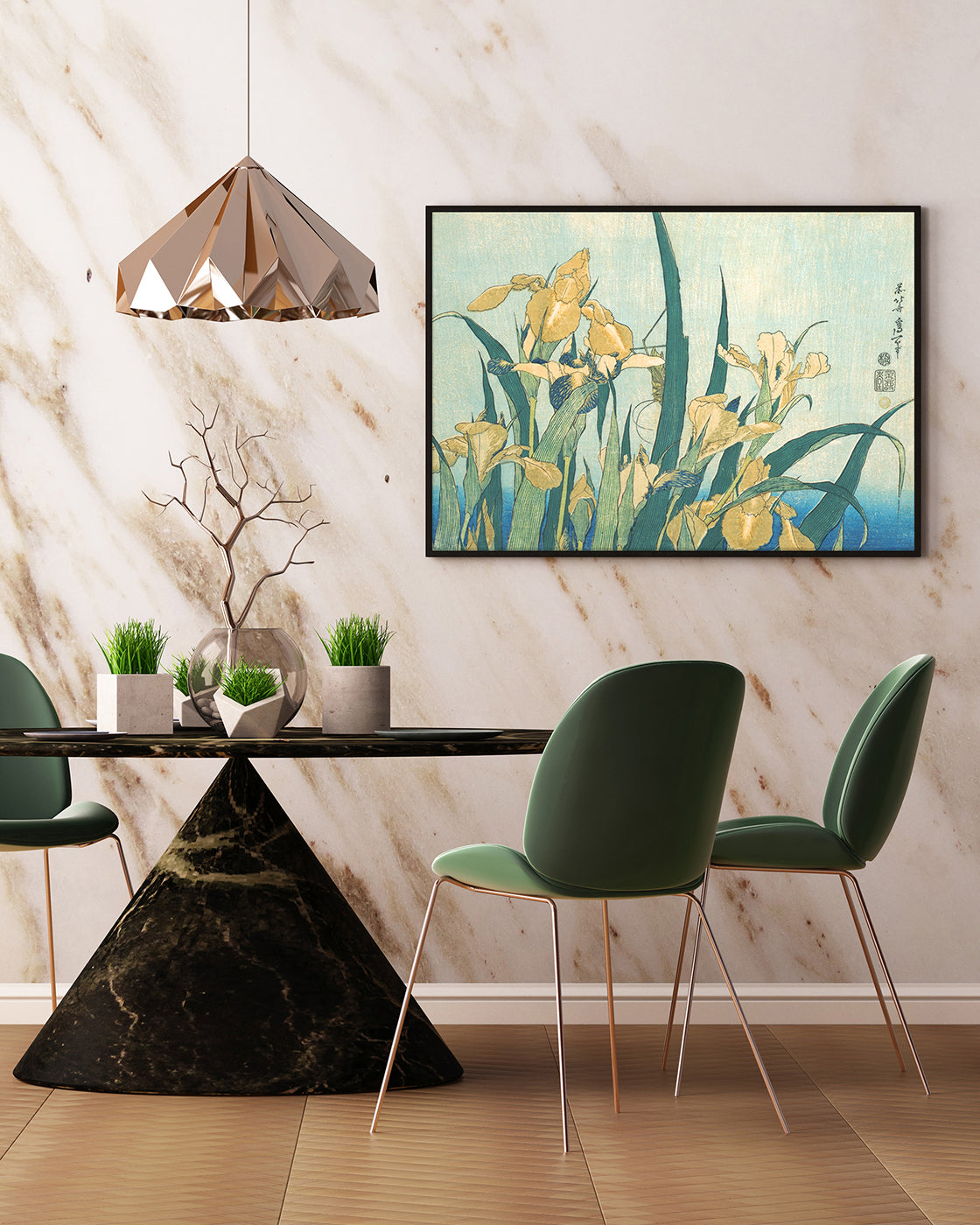 Katsushika Hokusai - Grashüpfer und Iris (Gelbe Blumen)