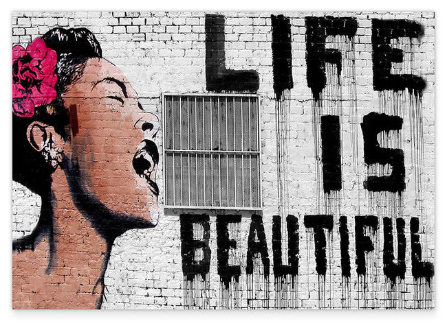 Banksy - Life is beautiful Frau mit Rose im Haar mit Schriftzug Hover Image