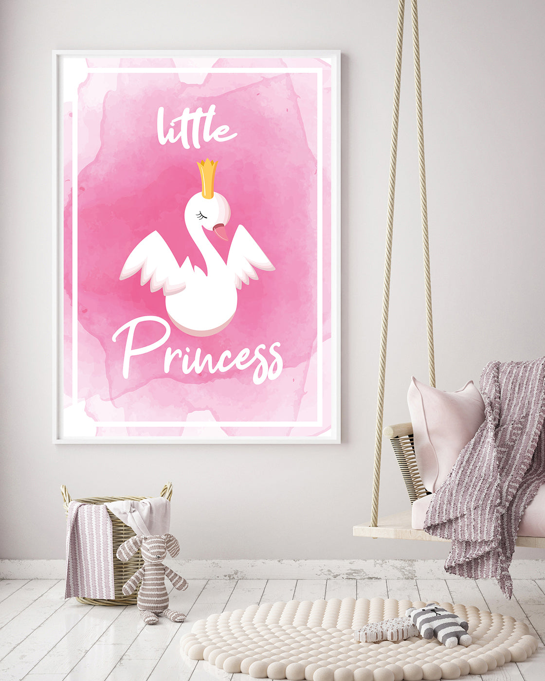 Schwanen Prinzessin, Pinke Zeichnung, Süße Illustration, Dekoration für Zuhause