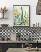 Katsushika Hokusai - Museum-Poster II Grashüpfer und Iris (Gelbe Blumen)