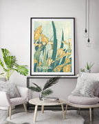 Katsushika Hokusai - Museum-Poster II Grashüpfer und Iris (Gelbe Blumen)