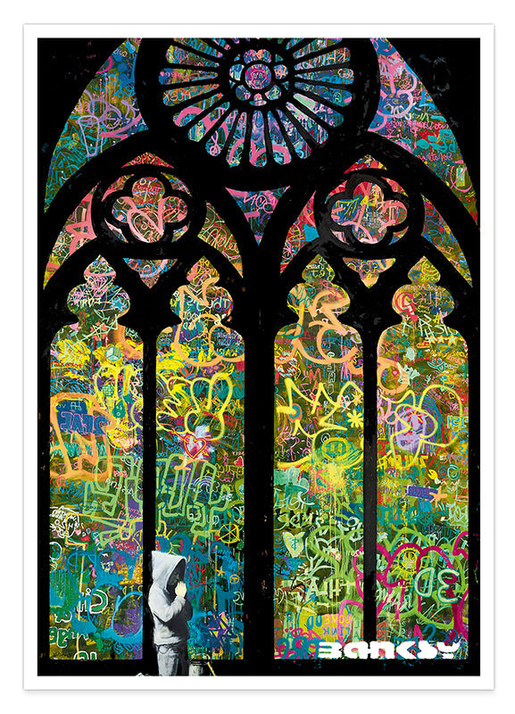 Banksy - Museum-Poster Glasmalerei in Kirche - Graffiti Hover Image