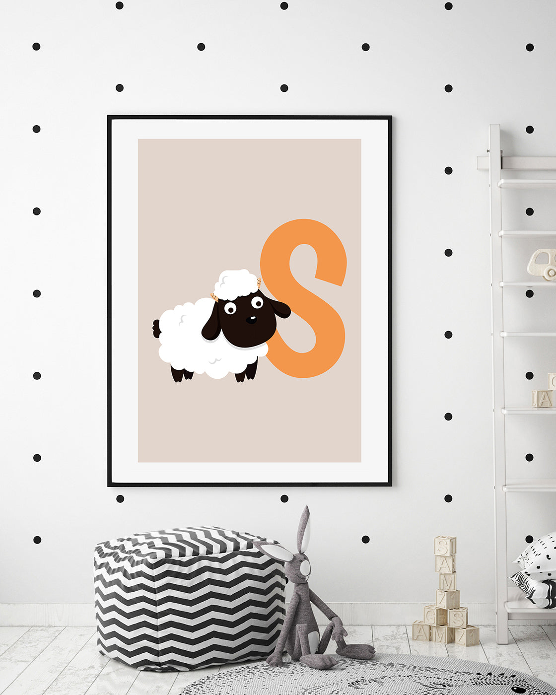 S wie Schaf, ABC Lernen, Buchstabe für Name, Süße Zeichnung, Deko für Zuhause