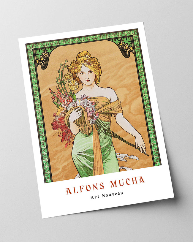Alfons Mucha - Museum-Poster Frau in grünem Kleid mit Blumen Main Image