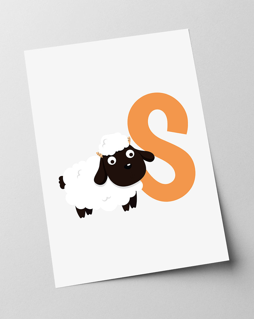 S wie Schaf, ABC Lernen, Buchstabe für Name, Süße Zeichnung für Zuhause
