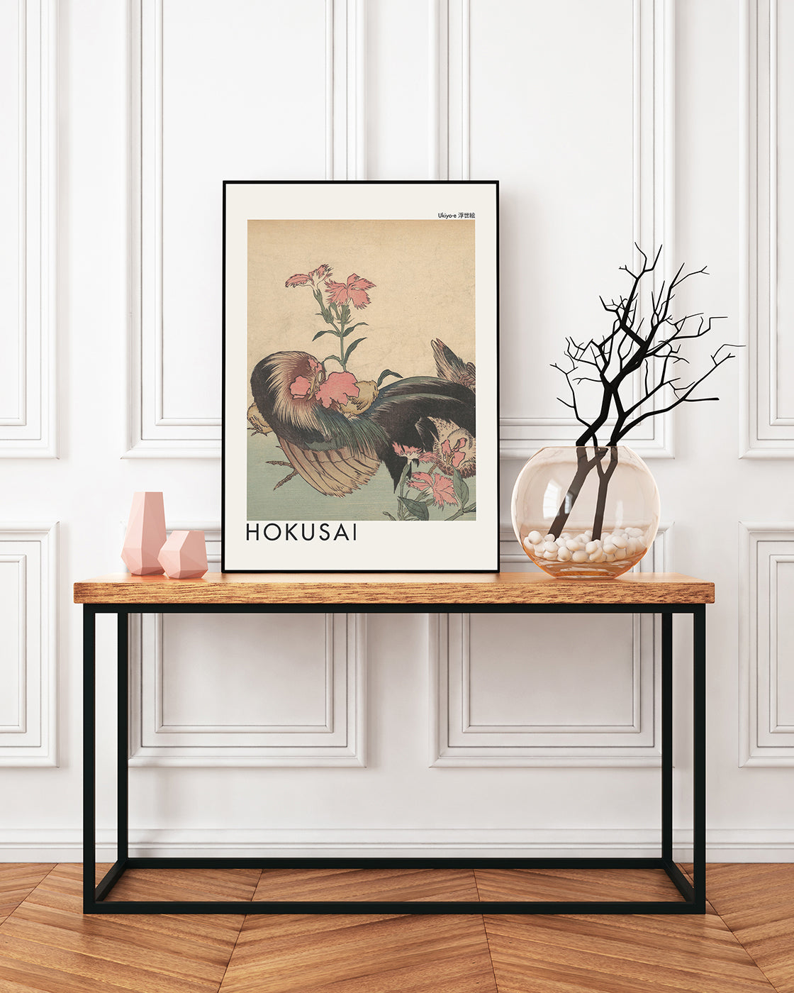 Katsushika Hokusai - Museum-Poster Hahn, Henne und Nadeshiko