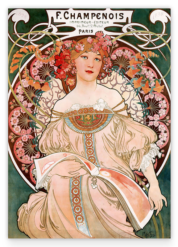 Alfons Mucha - Frau umringt von Blumen Hover Image