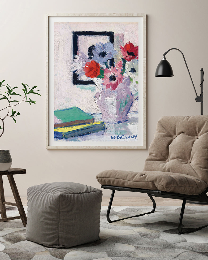 Francis Campbell - Stillleben - Anemonen in der Vase mit grünem Buch