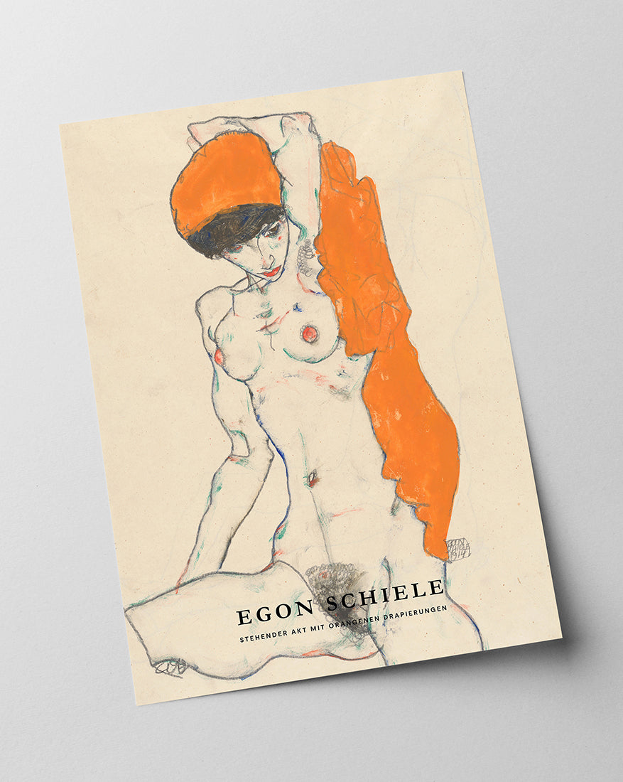 Egon Schiele - Museum-Poster II Stehender Akt mit orangenen Drapierungen