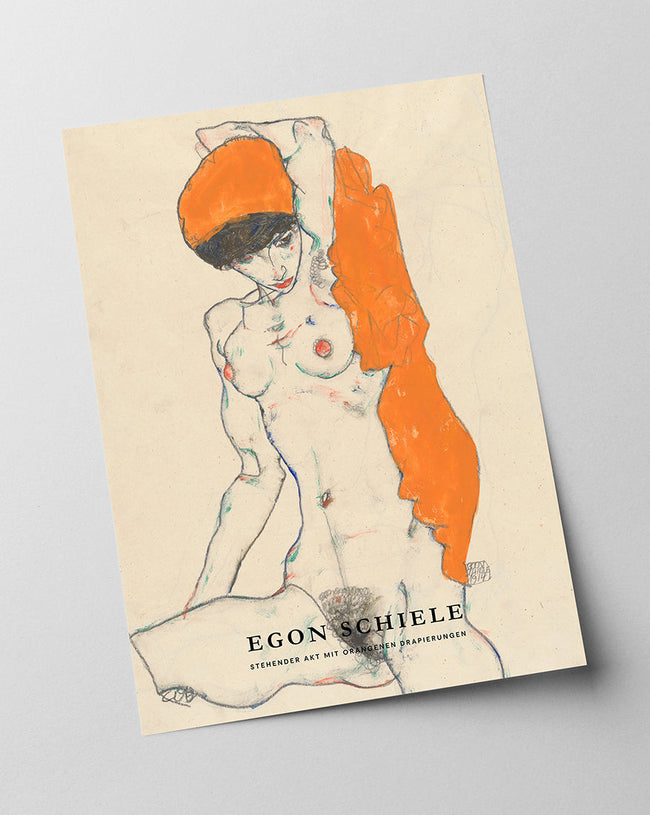Egon Schiele - Museum-Poster II Stehender Akt mit orangenen Drapierungen Main Image